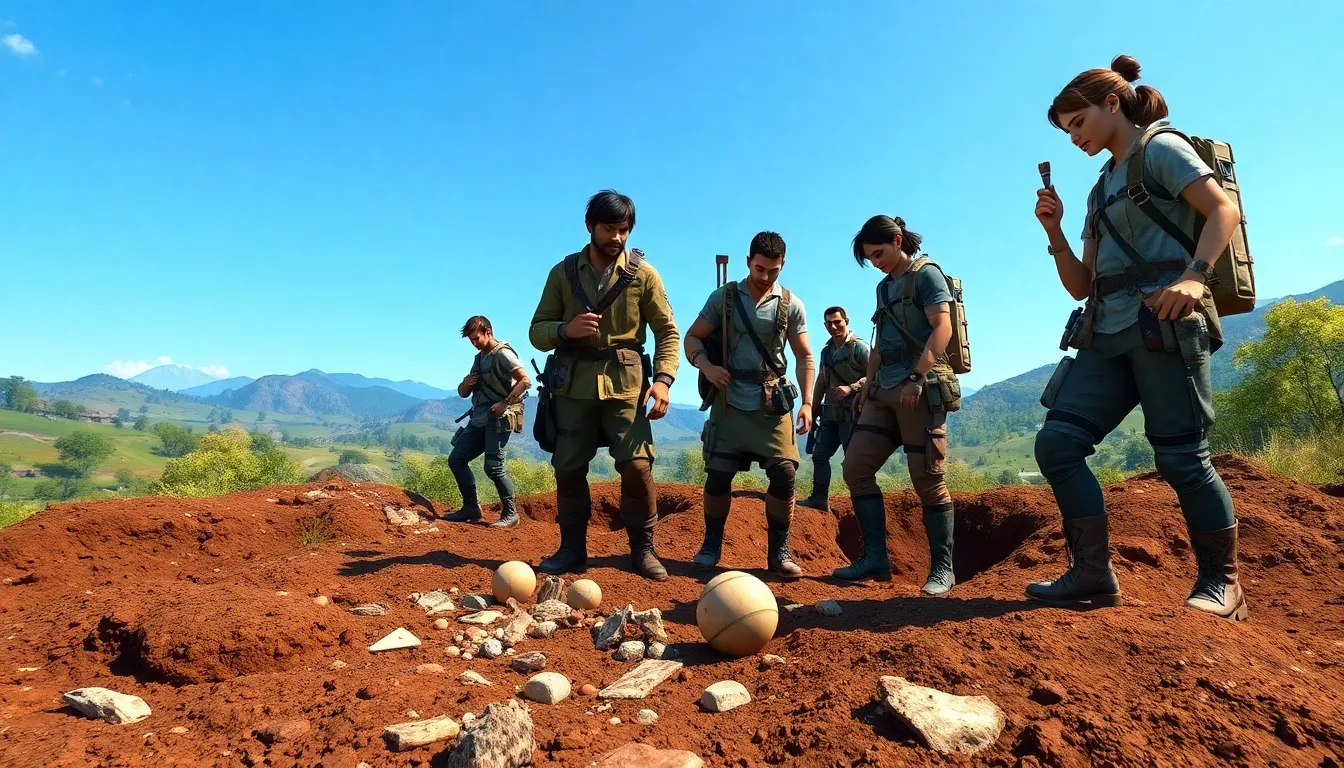 diverse team exploring an archaeological dig site in a fantasy landscape.