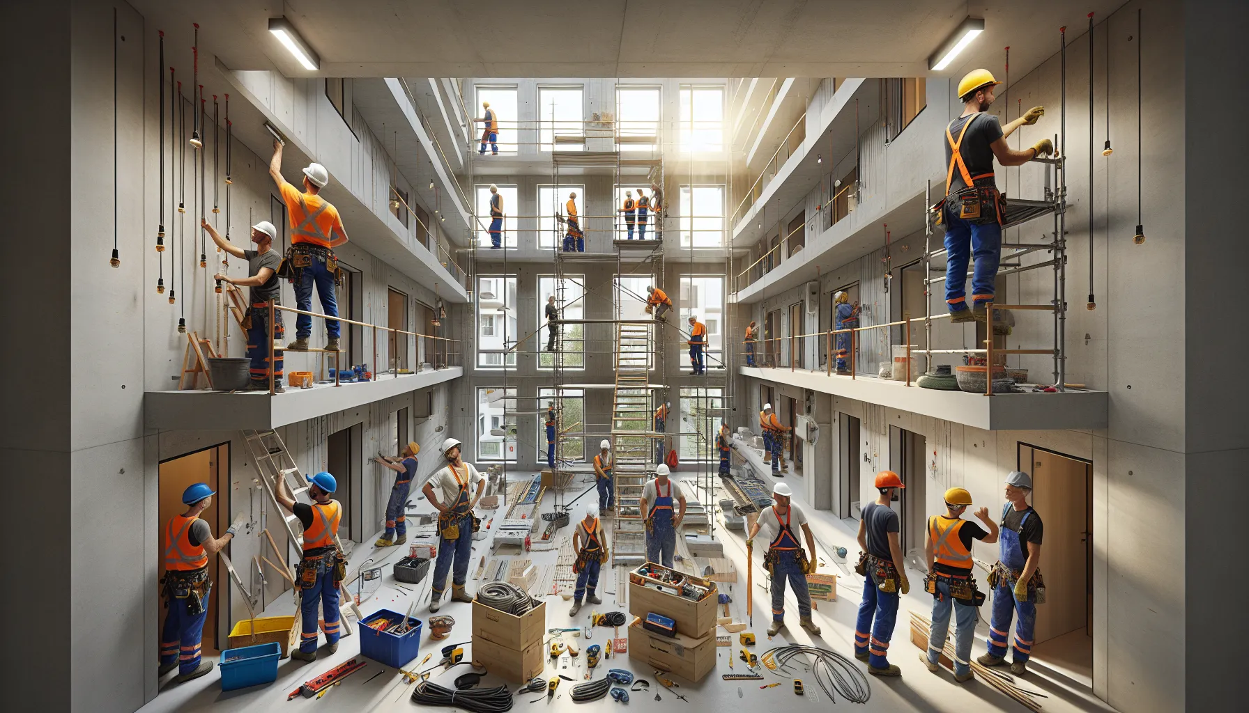 Construction workers performing building maintenance in modern residential building interior