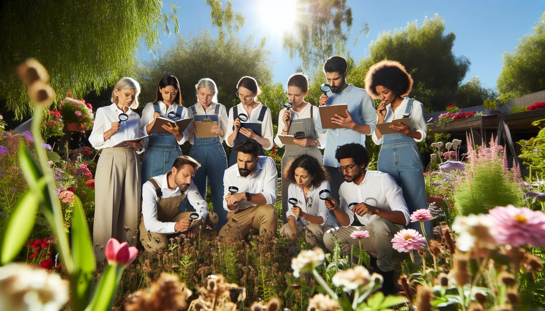 diverse group studying ants in a garden setting.
