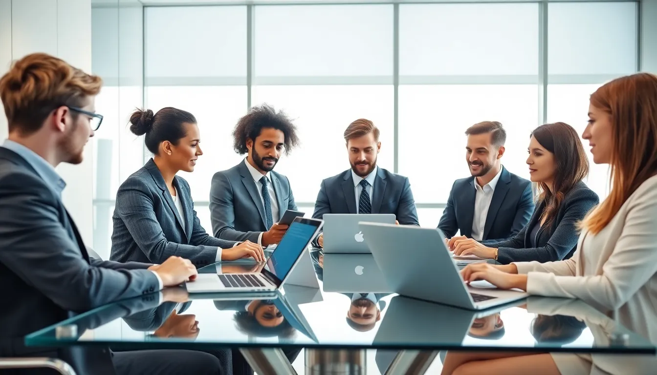 diverse professionals collaborating in a modern office setting.