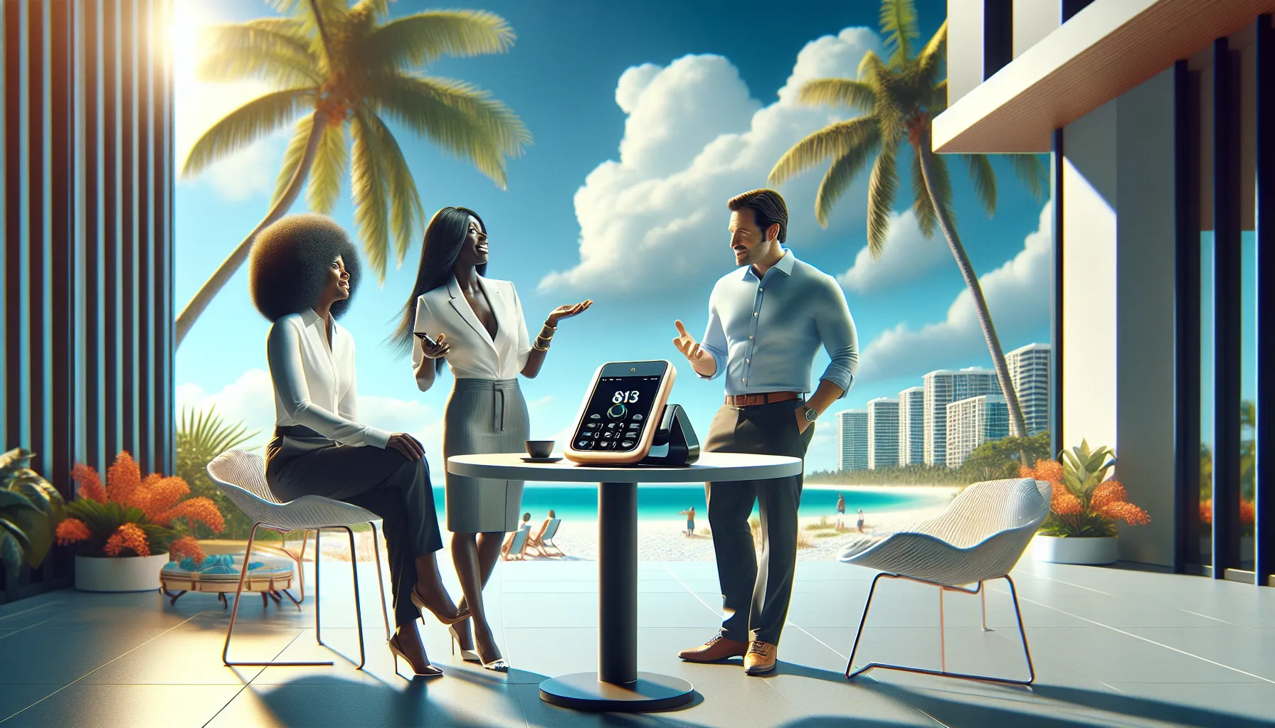 professionals discussing in a sunny Florida outdoor setting.