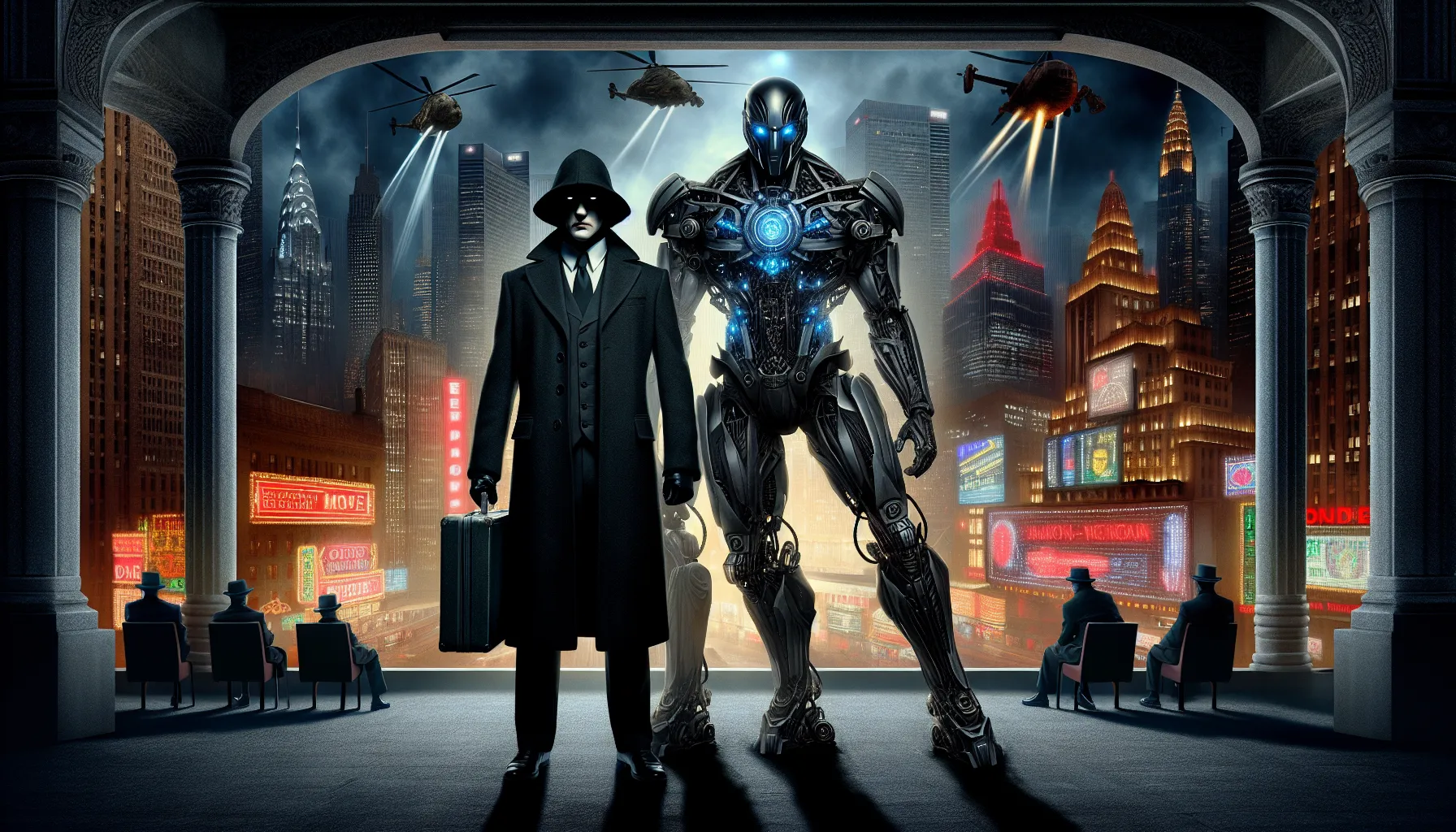 a traditional villain and a supervillain facing off in a futuristic city.