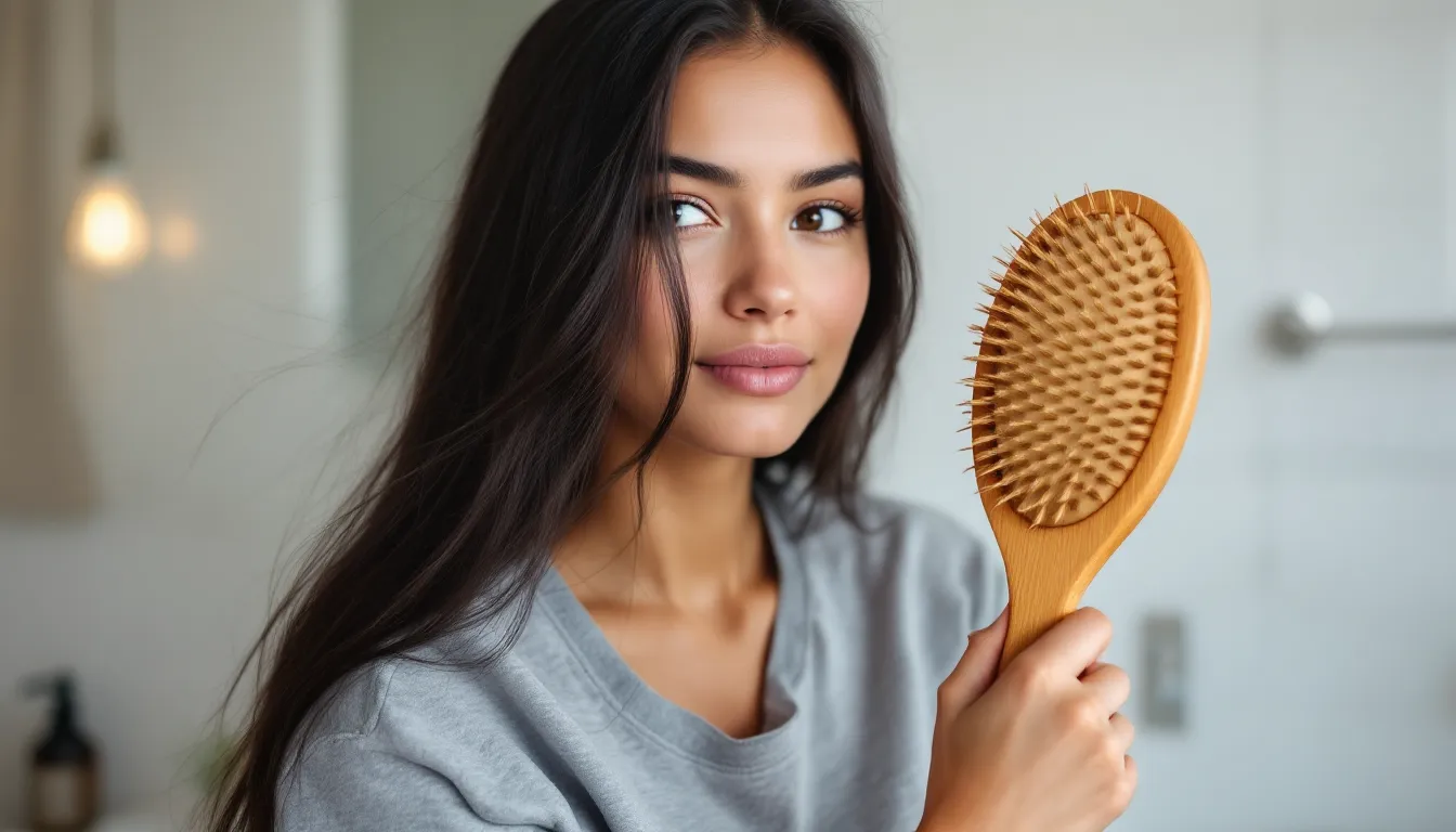 Woman examining shed hair strands on a hairbrush in a sunlit bathroom.