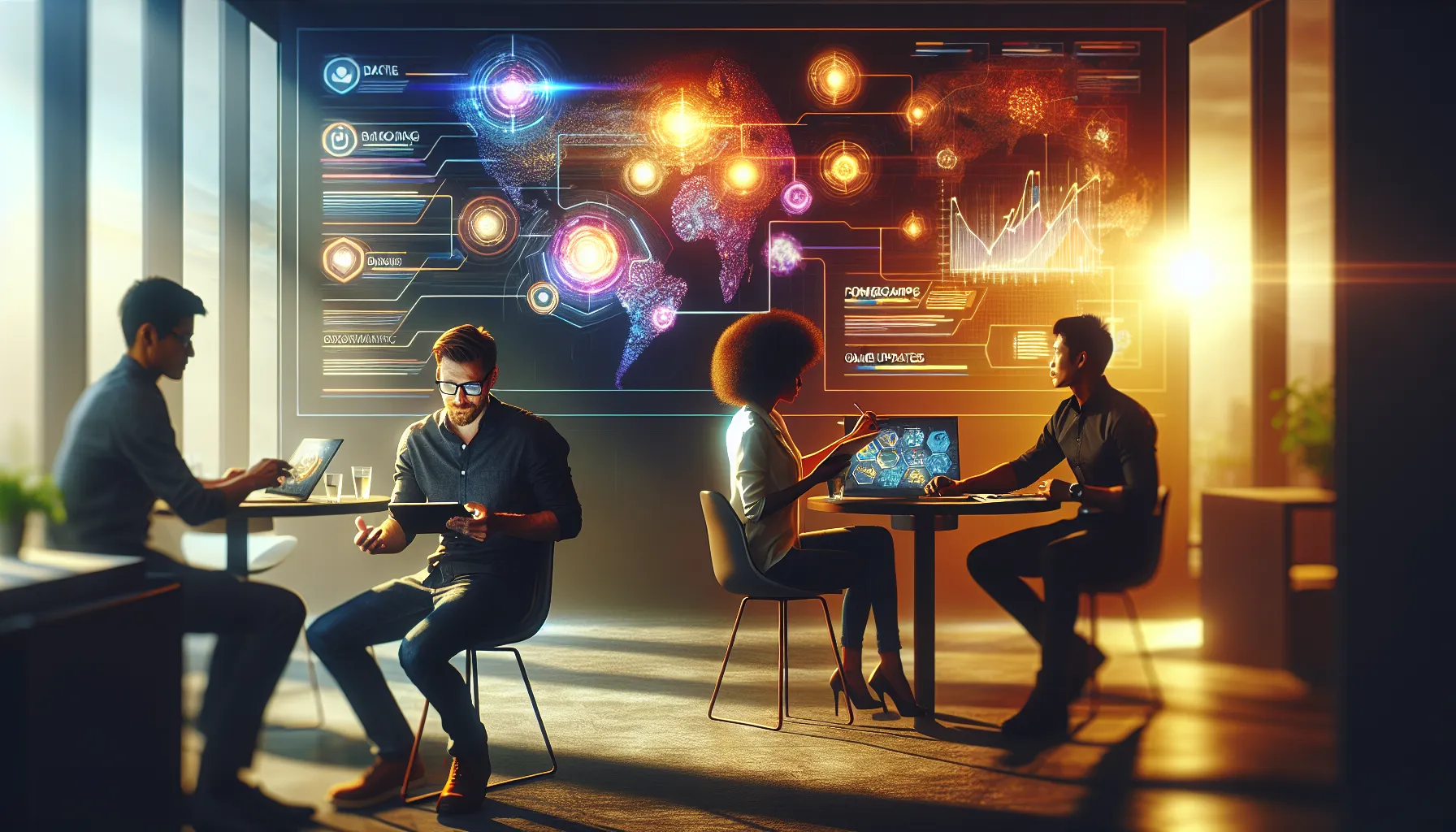 diverse team discussing future game updates in a modern office.