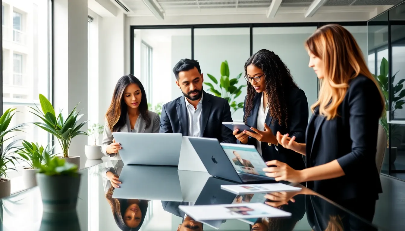 diverse real estate team collaborating in a modern office setting.