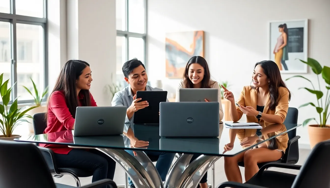 three students collaborating with Dell laptops in a modern office.