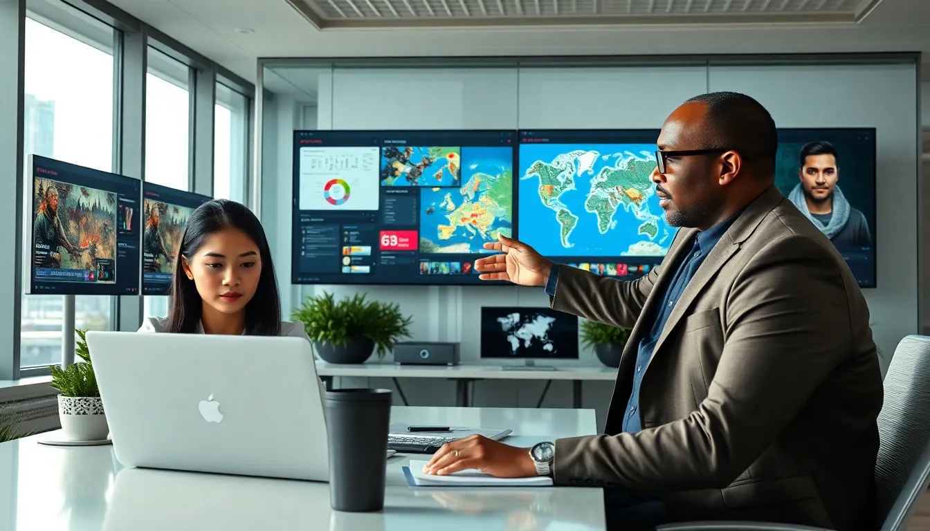 professionals collaborating on strategy guides in a modern office.