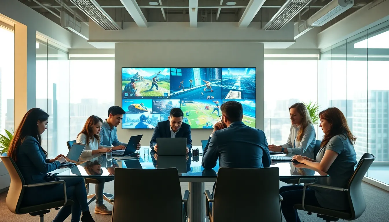 diverse team collaborating on gaming projects in a modern office.