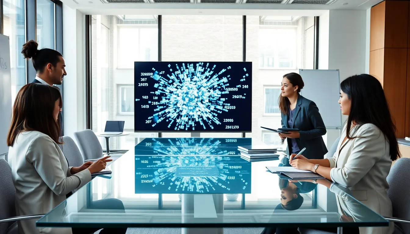 professionals analyzing data in a modern office.