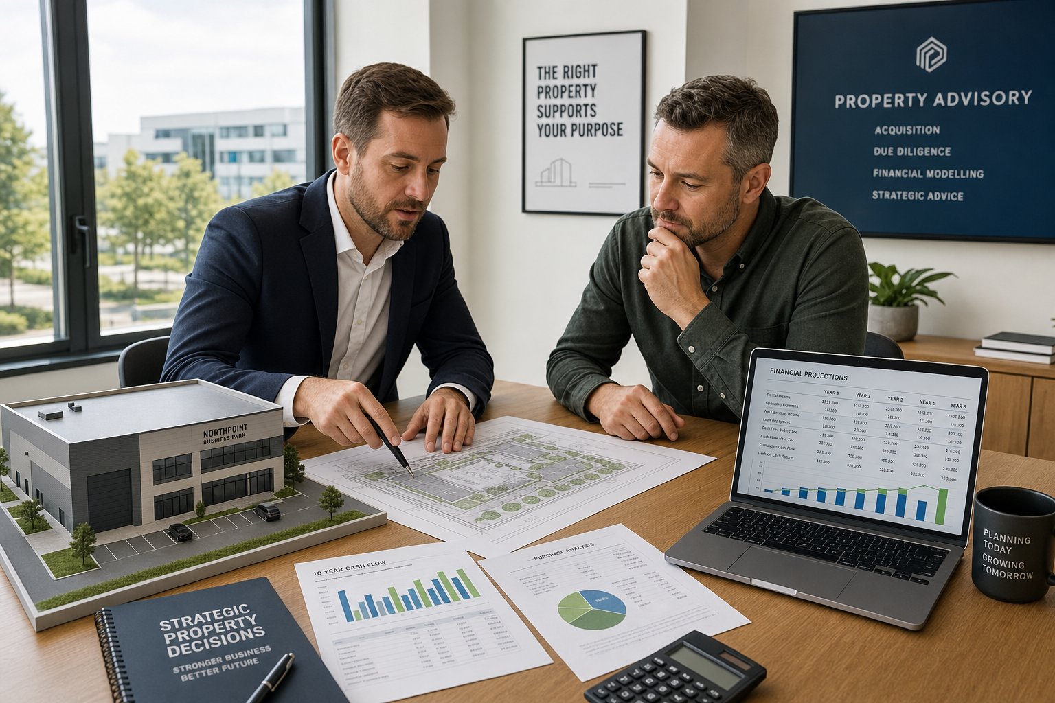 Business owner and adviser reviewing property plans and financial documents in a modern office.
