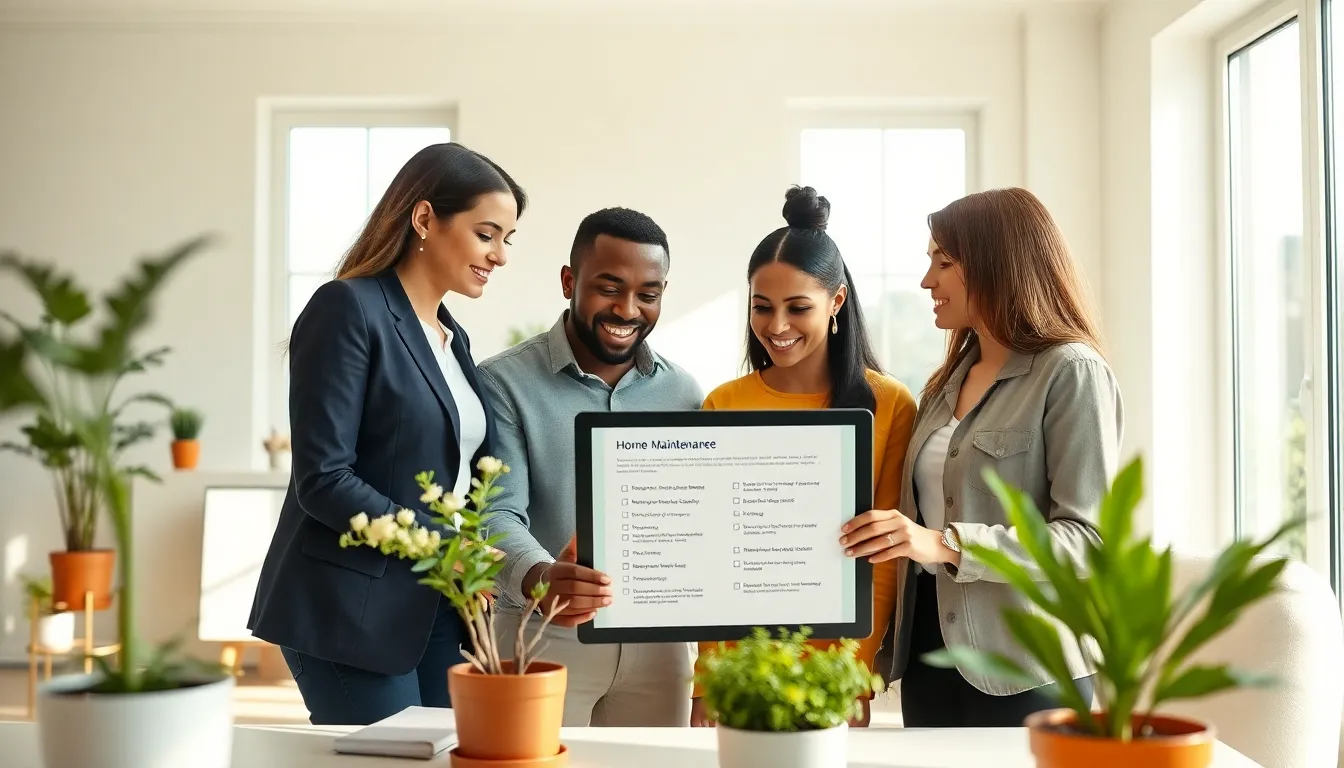 Team discussing a home maintenance checklist in a modern office.