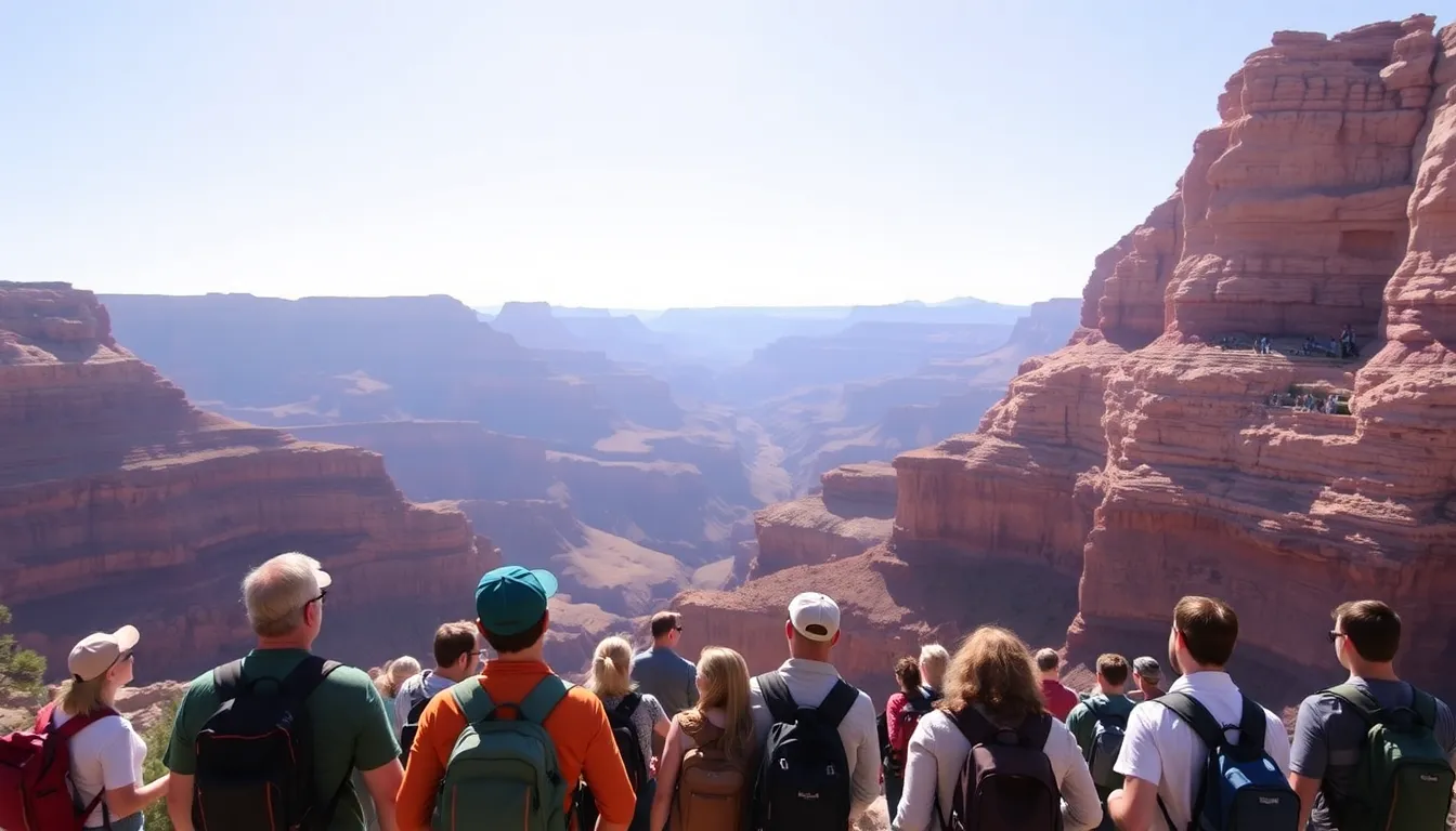 diverse group of travelers admiring the Grand Canyon.