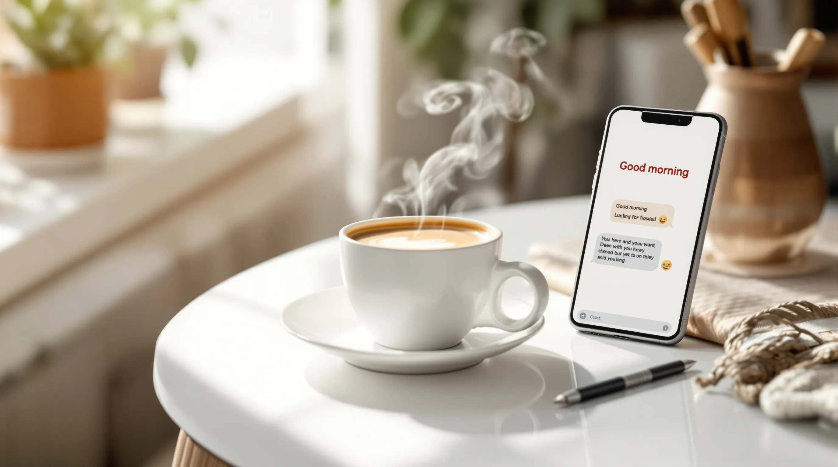Espresso cup with smartphone showing morning message in modern Croatian setting.