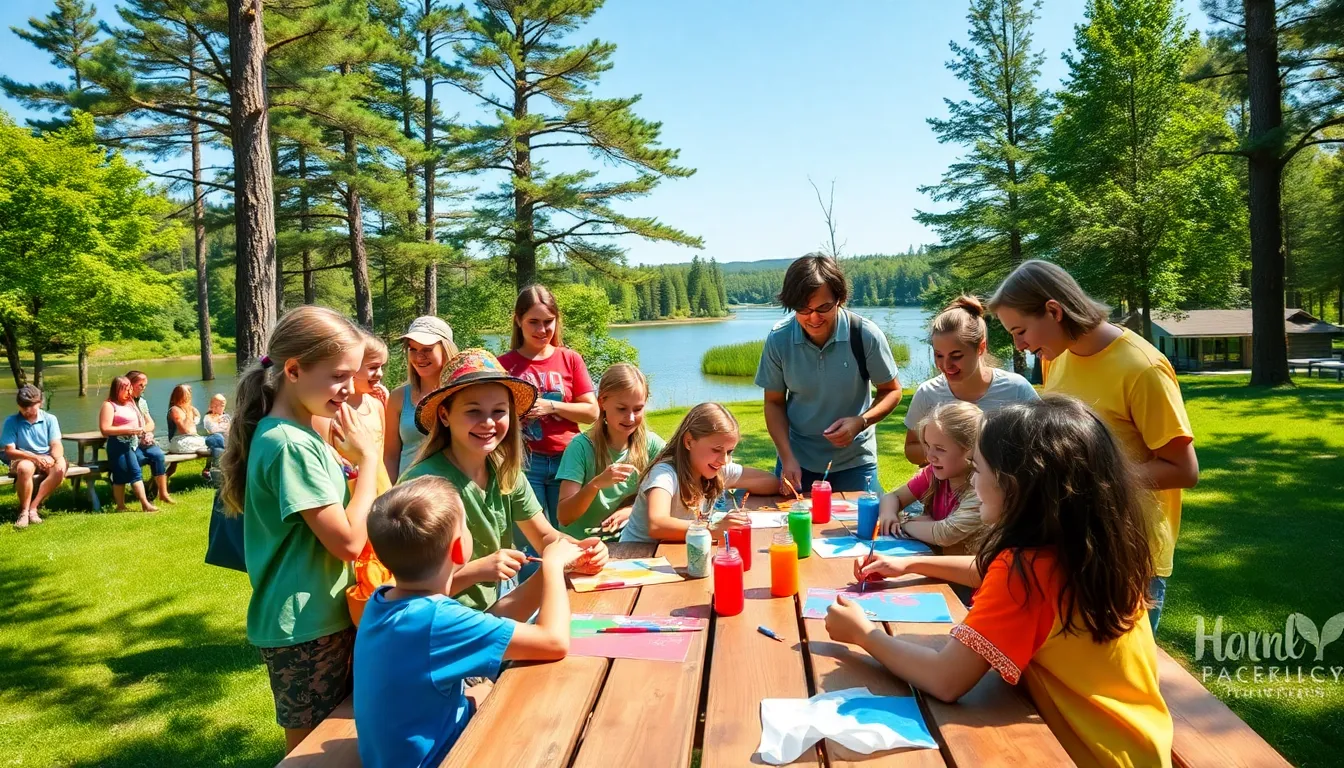 children and counselors engaged in activities at a summer camp.
