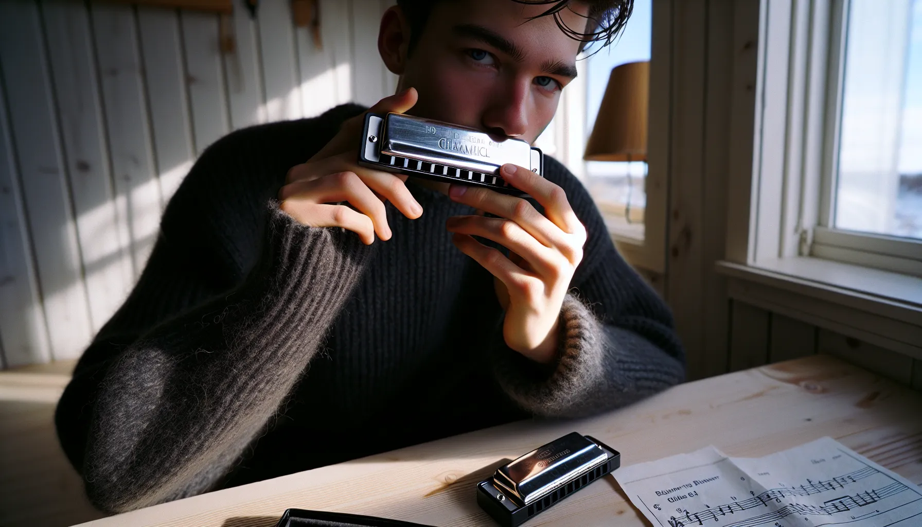 Slik lærer du å spille munnspill 2 Norwegian beginner selecting a g-key diatonic harmonica beside a chromatic.