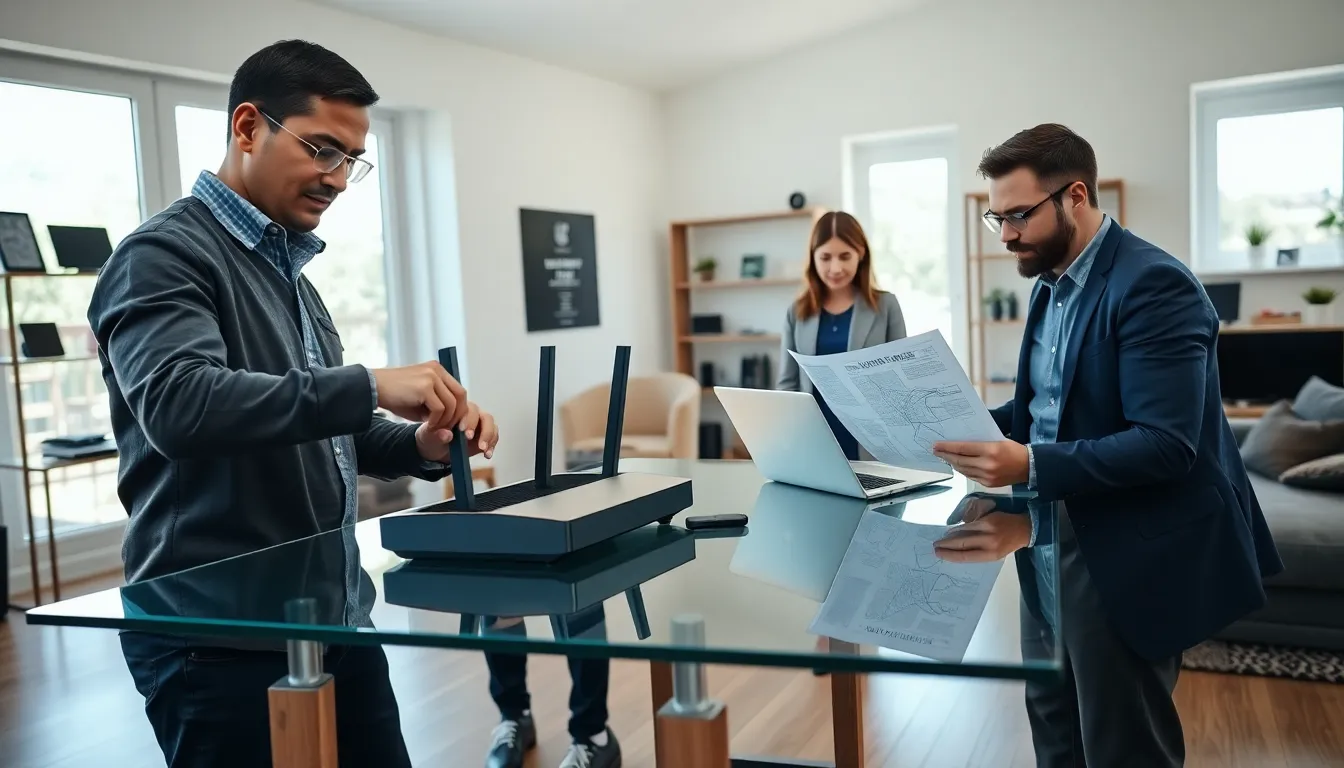 technicians installing home networking equipment in a modern office setting.