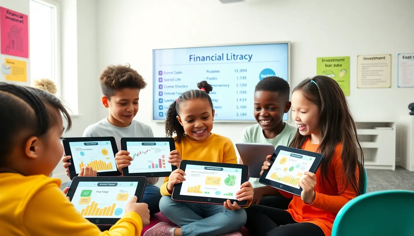 children learning about investing using a digital app in a classroom.