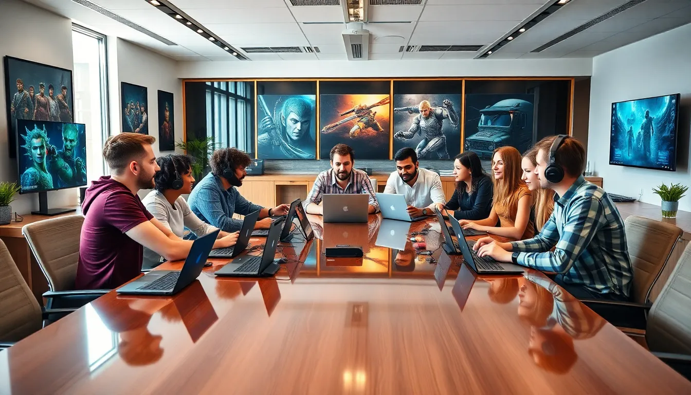 diverse group of gamers collaborating in a modern office.