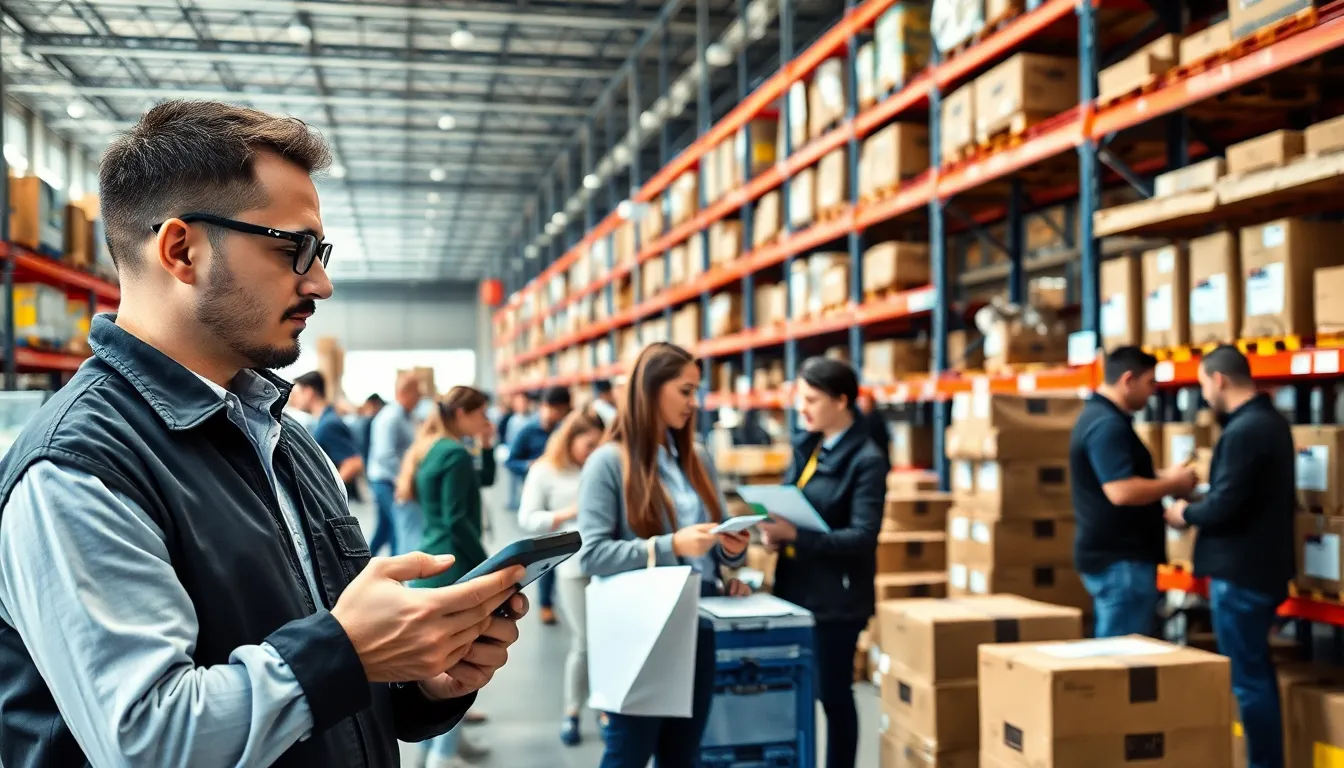 Warehouse professionals managing logistics with product codes.