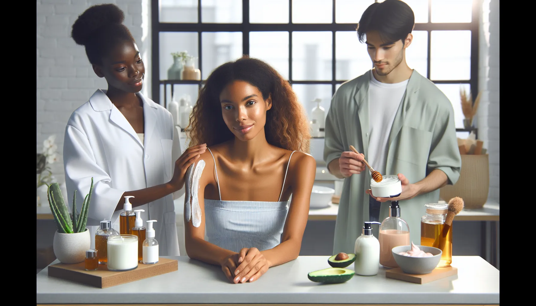 skincare professionals demonstrating post-sun care in a modern treatment room.
