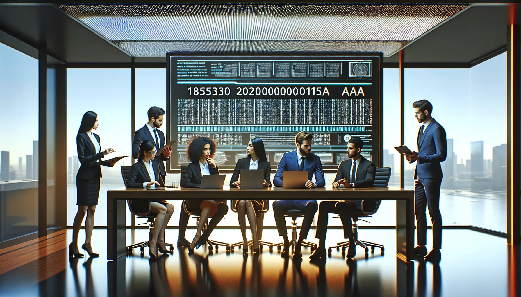 diverse professionals in a modern office discussing code applications.