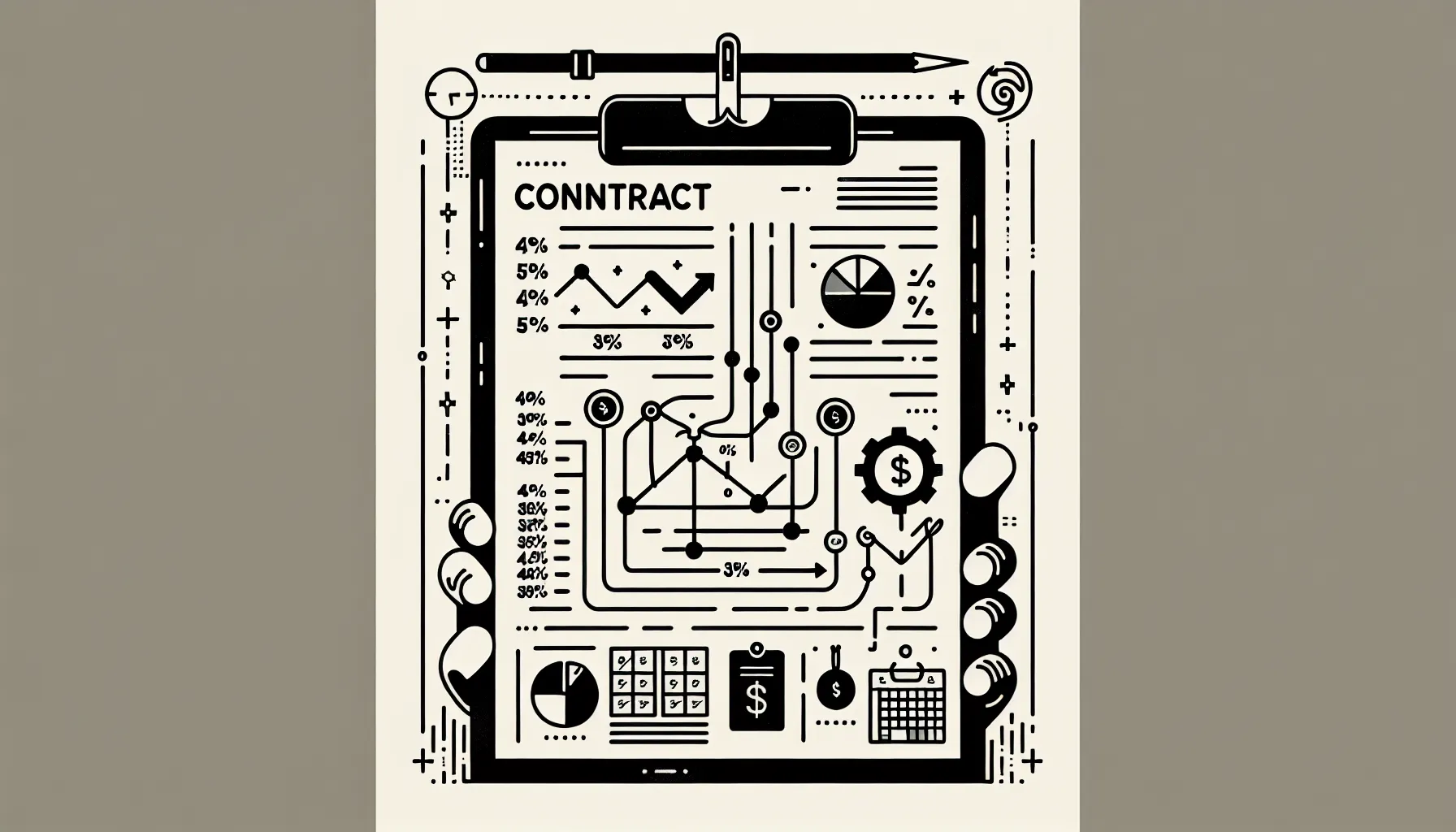 A contract sheet with changing numbers and icons for dental, calendar, gear, and money.