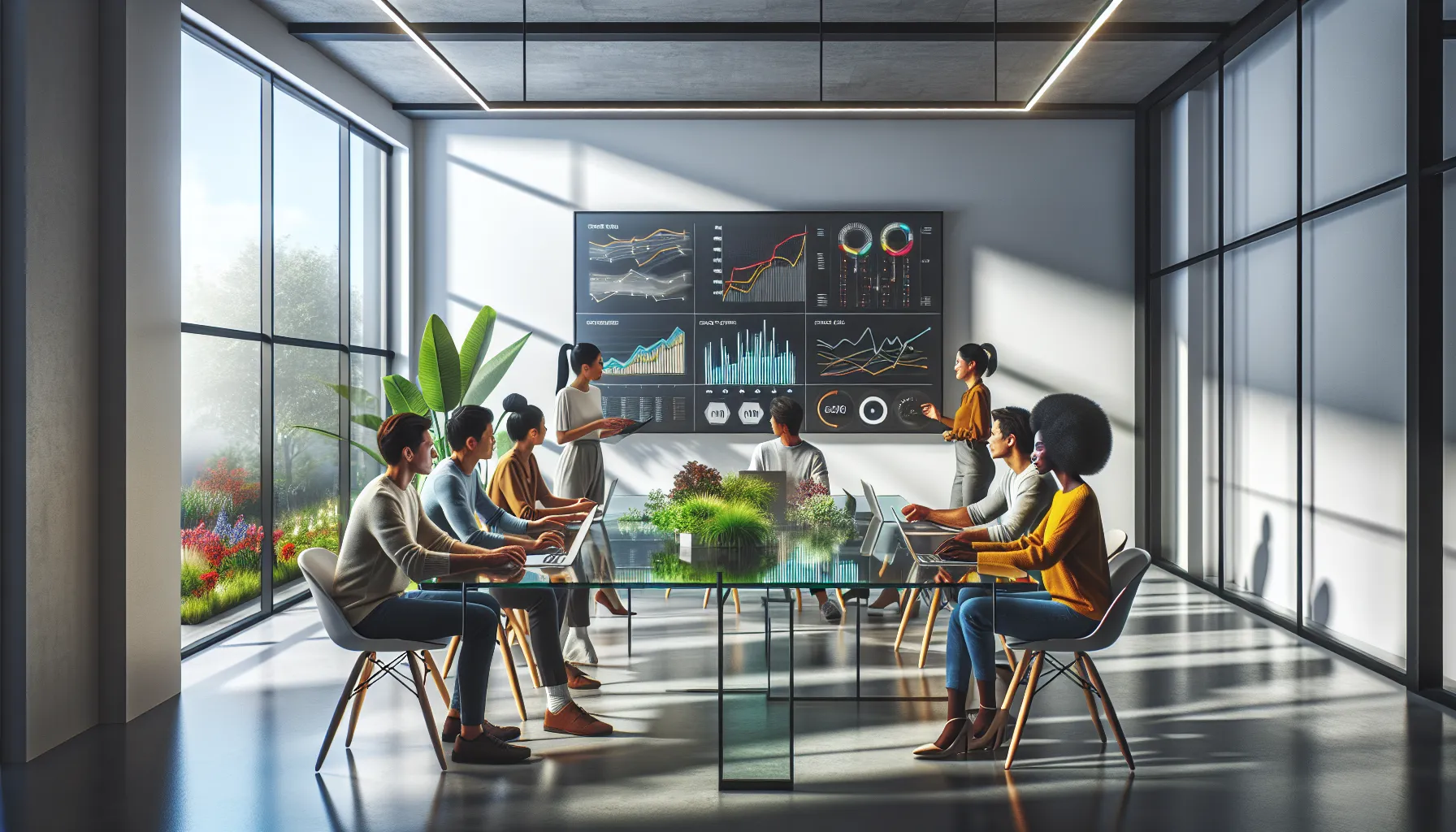 diverse team collaborating on tech solutions in a modern office.