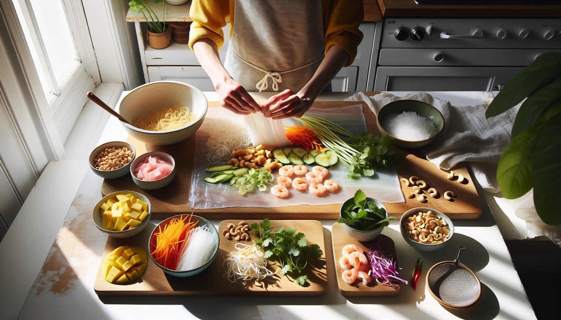 De beste oppskriftene på ferske sommerrolls med dipsaus 3 Hands assembling fresh summer rolls with herbs, noodles, and dipping sauces.