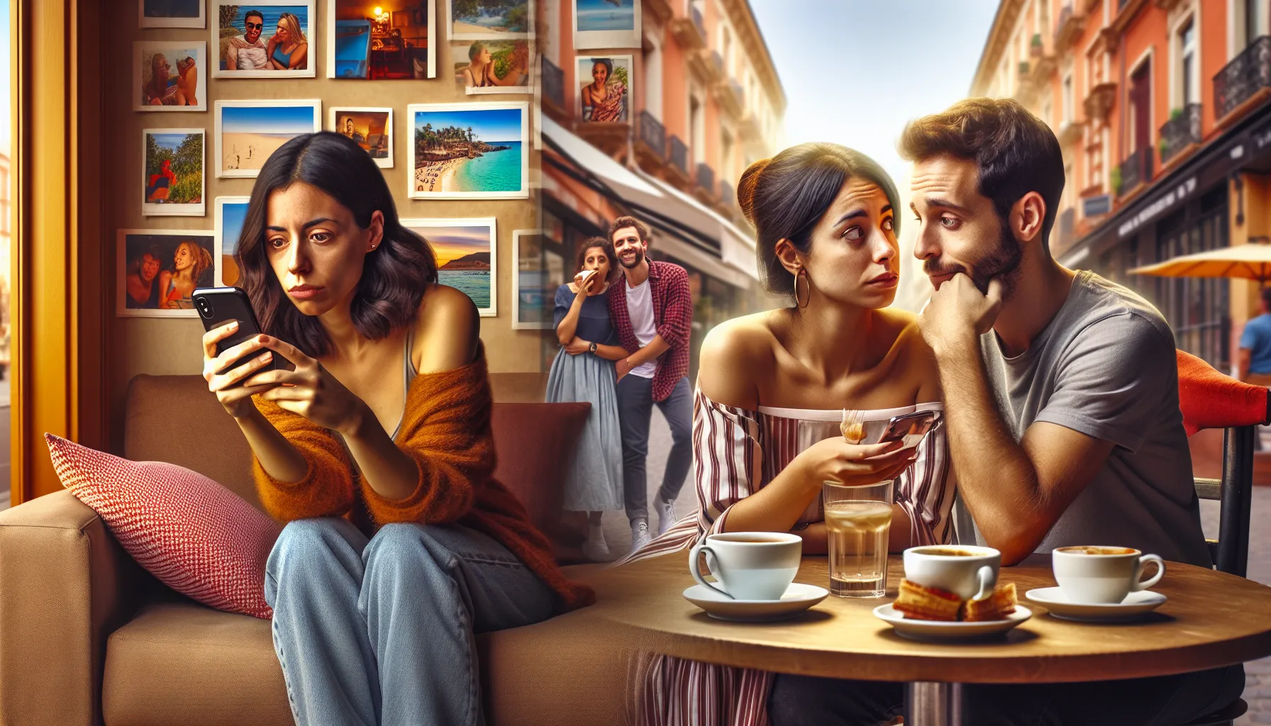 A woman feeling envious while scrolling social media, and a couple experiencing jealousy.