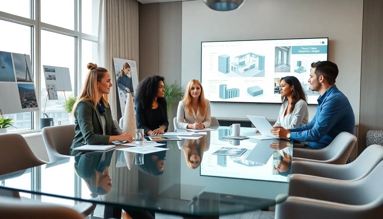 diverse interior design team collaborating in a modern office.