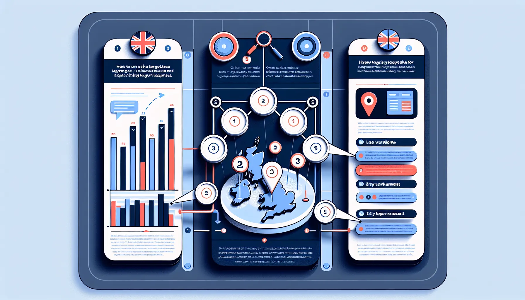 Three-step UK-focused keyword research and structure process for on-page SEO.
