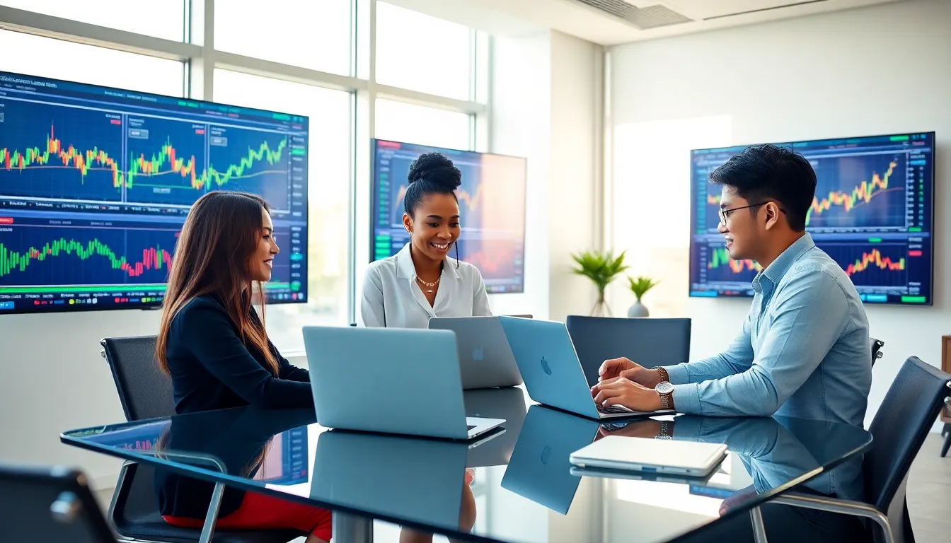 diverse professionals collaborating in a modern trading office setting.