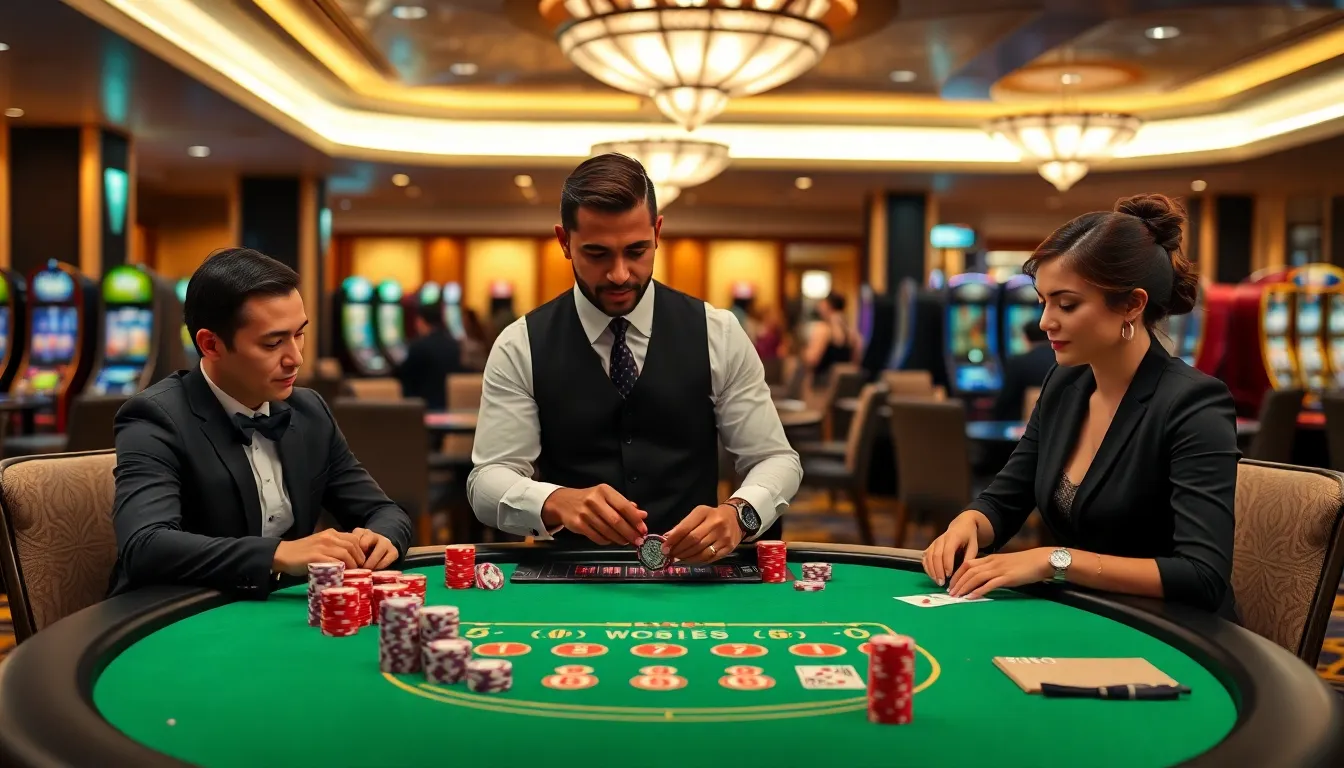 Diverse players at a modern casino table game with a dealer.