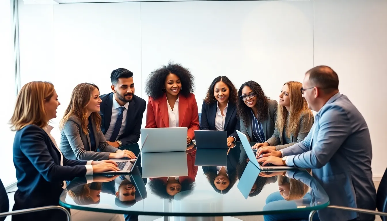 diverse team discussing web business concepts in a modern office.
