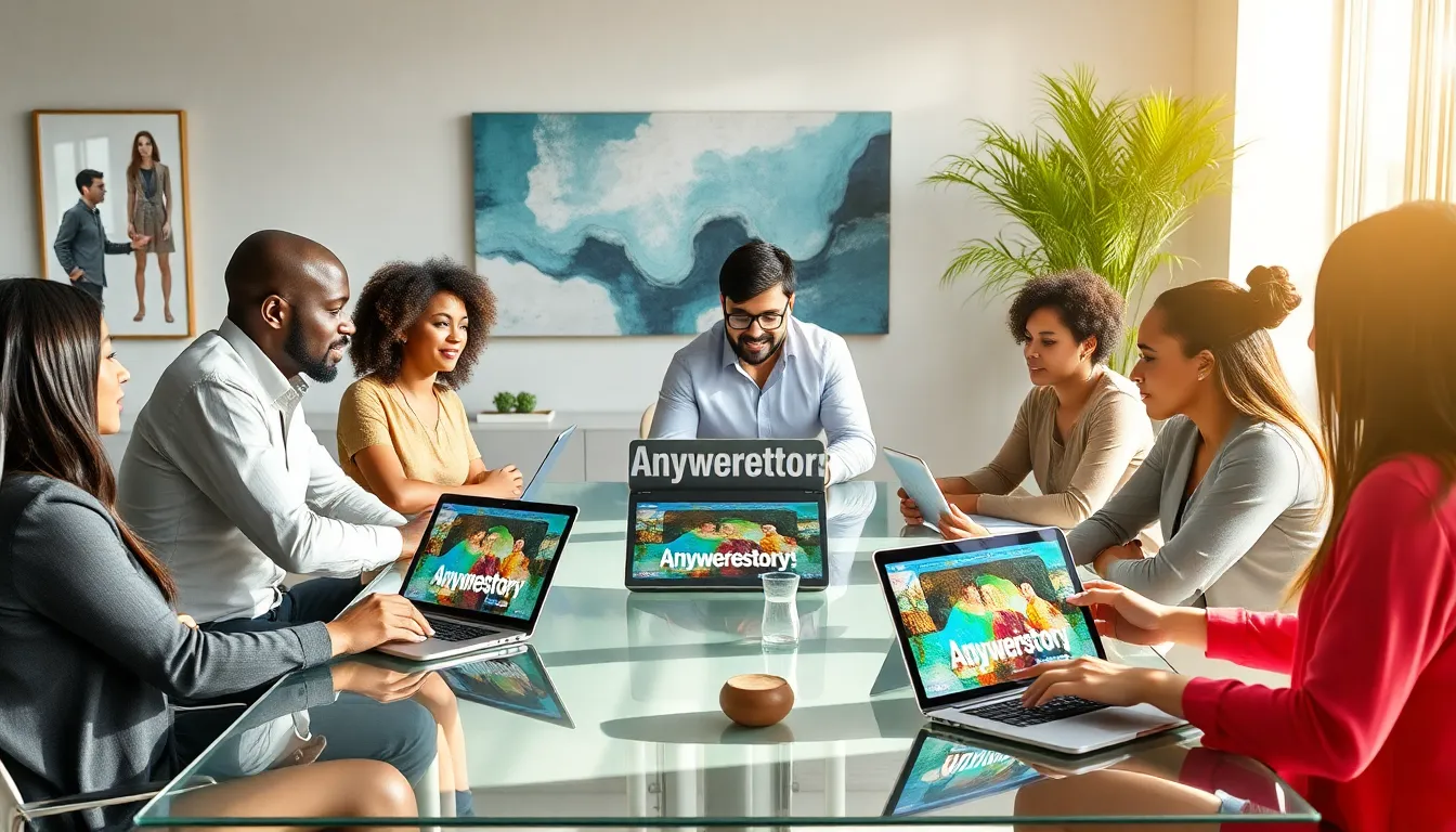 diverse team collaborating on storytelling platform in a modern office.