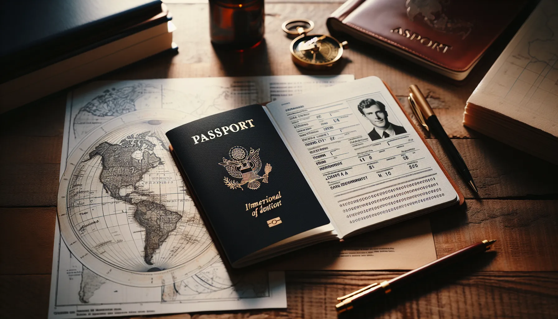 An open US passport book on a wooden desk with travel items.