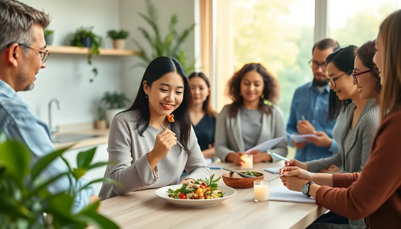 diverse group practicing mindfulness in a serene kitchen setting.