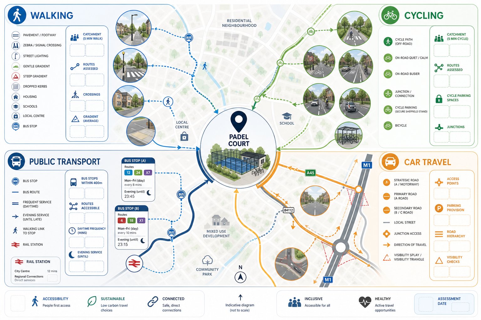 Infographic showing walking, cycling, public transport and car access to padel courts.