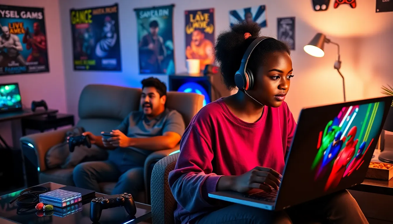 a diverse group of gamers enjoying ImagineerGames.com in a cozy gaming room.