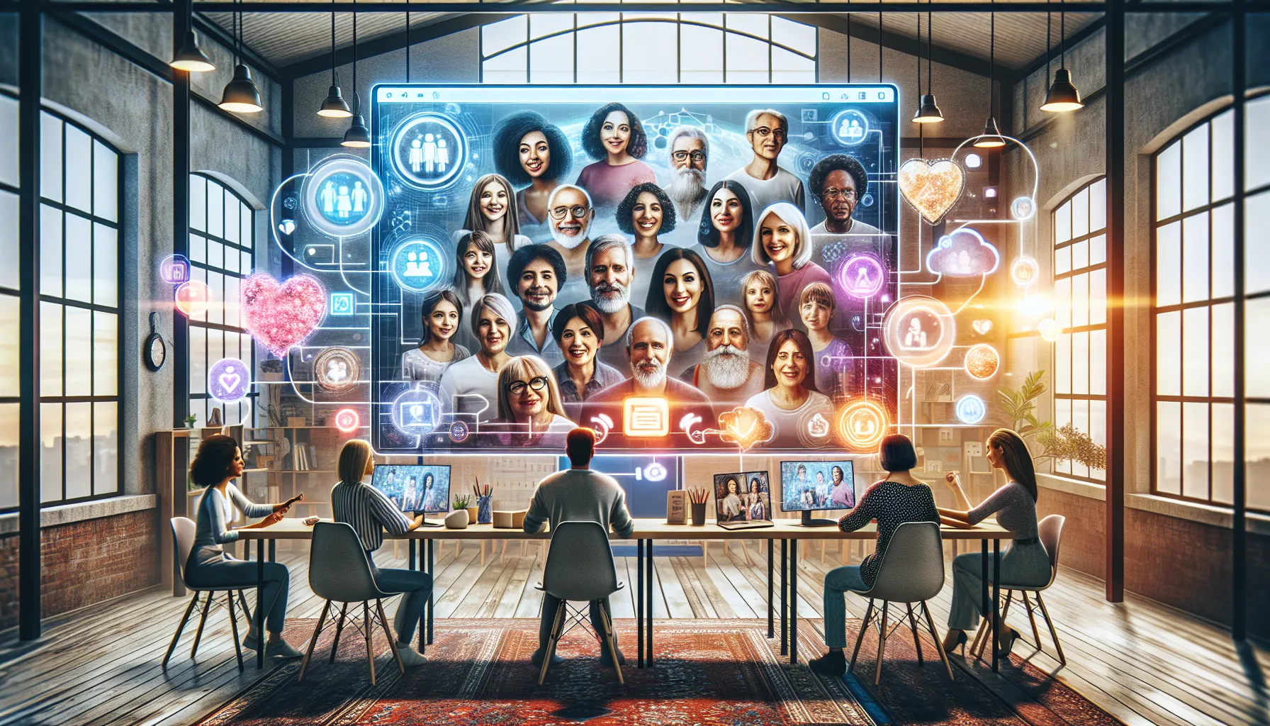 diverse family members connecting virtually through a modern platform.