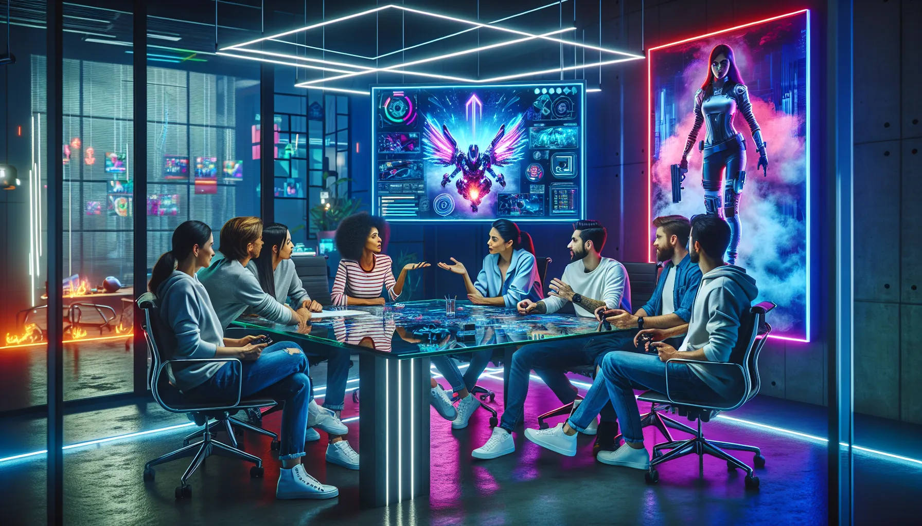 diverse team collaborating in a modern gaming studio.