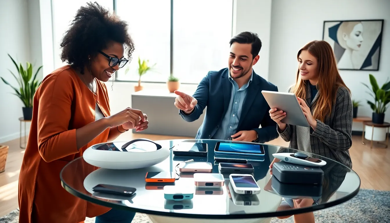 diverse team exploring gadgets in a modern office.