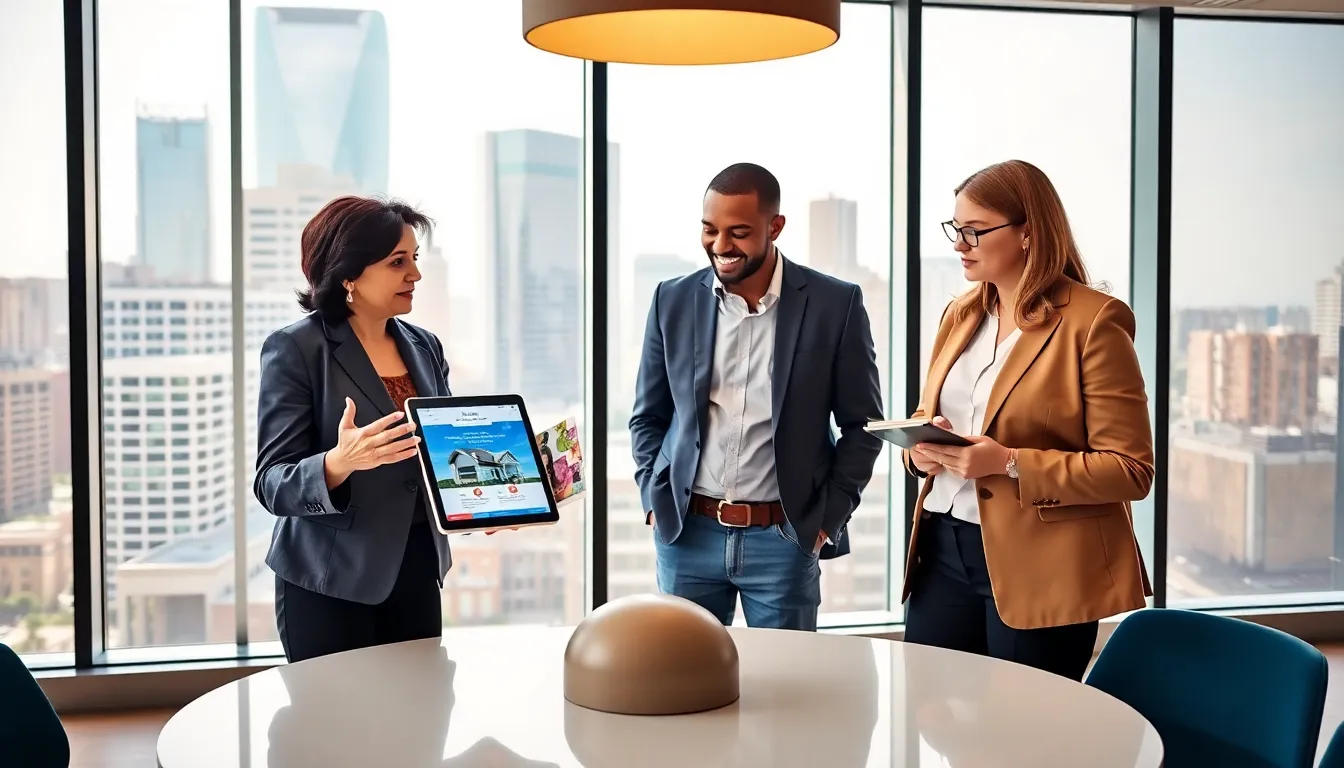 three real estate professionals collaborating in a modern office environment.