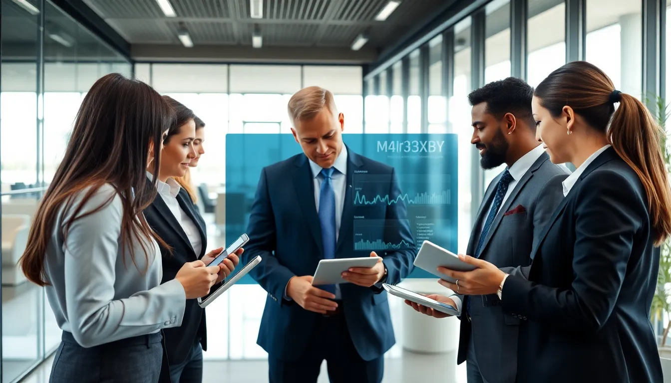 diverse team collaborating on M4Ir3XbBy technology in a modern office.