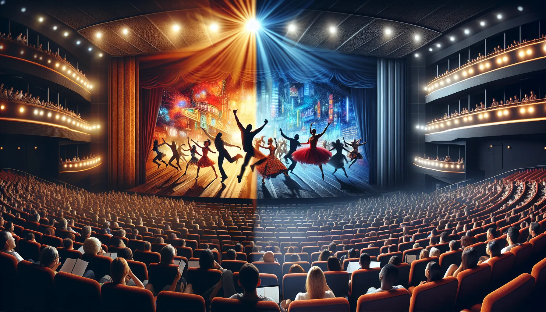 A theater performance and a cinema scene side by side.