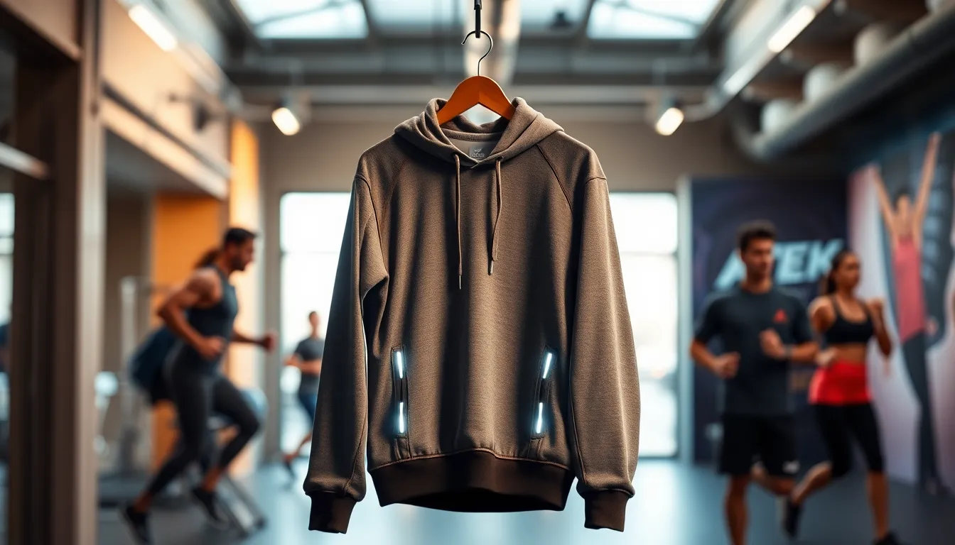 modern Tek Gear sweatshirt in an urban gym setting.