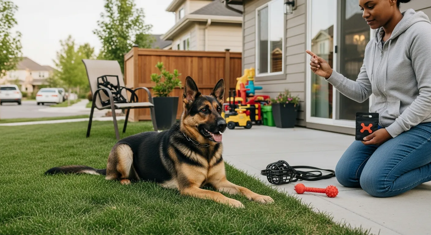 Calm German Shepherd security dog training with owner in a suburban American backyard.