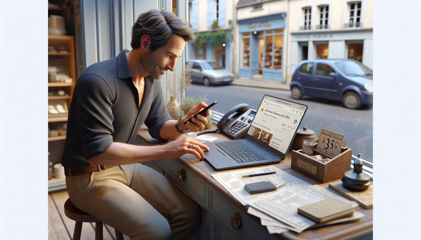 Local shop owner in Noiseau checking improved Google visibility on laptop.