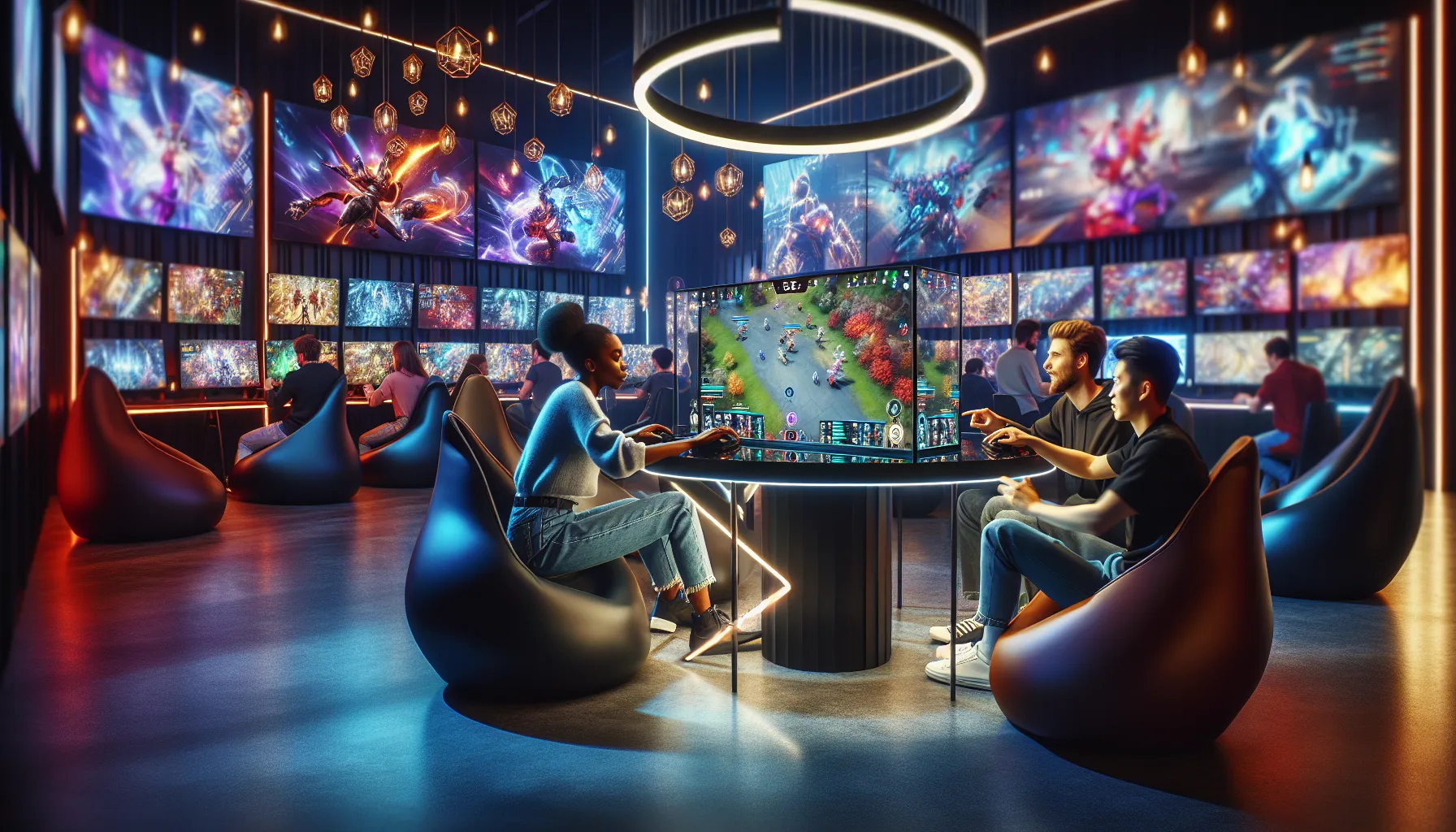 diverse group of friends enjoying Thehake Games in a vibrant gaming lounge.