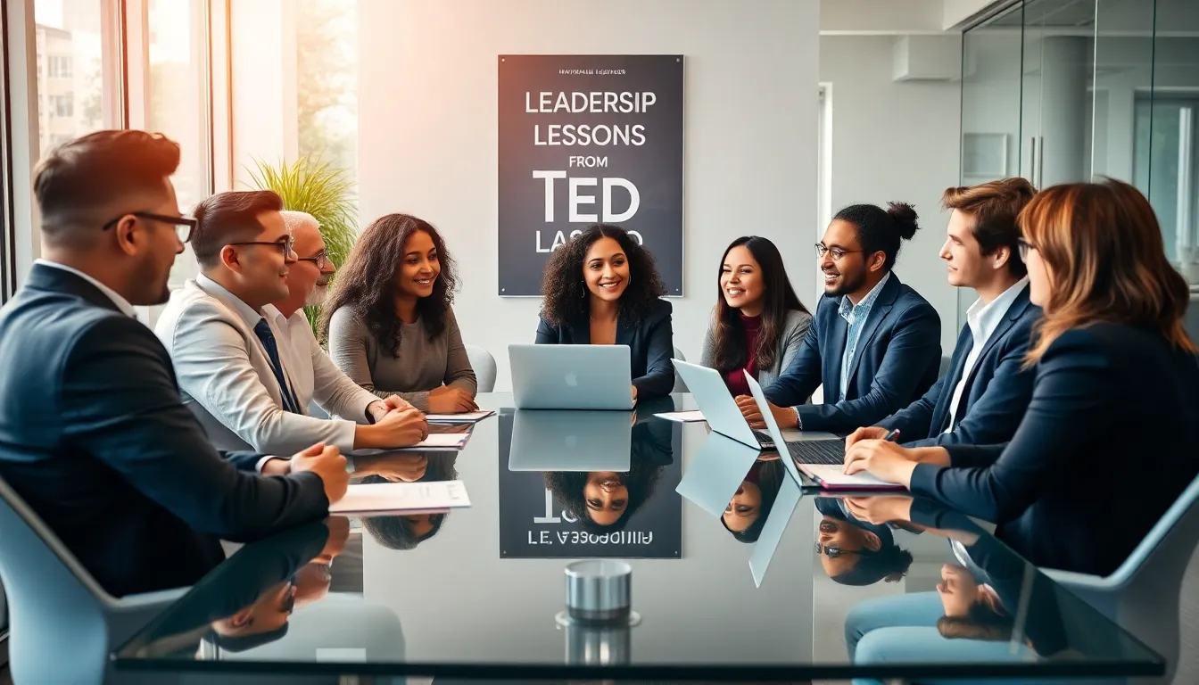 diverse team discussing leadership lessons in a modern office.